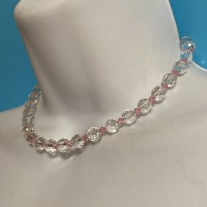 Crystal Glass Faceted Beads Choker Necklace With Pink Crystal Accent Beads